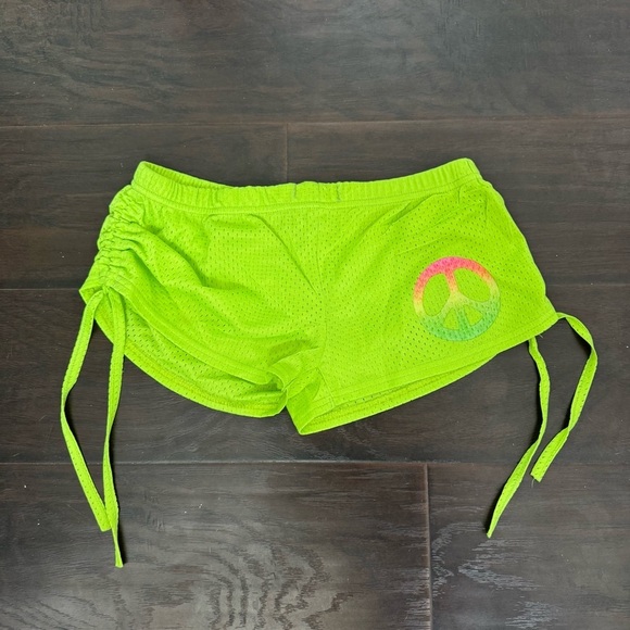Y2K Malibu Beach Neon Green Mesh Micro Booty Shorts with Peace Sign M - Picture 2 of 6